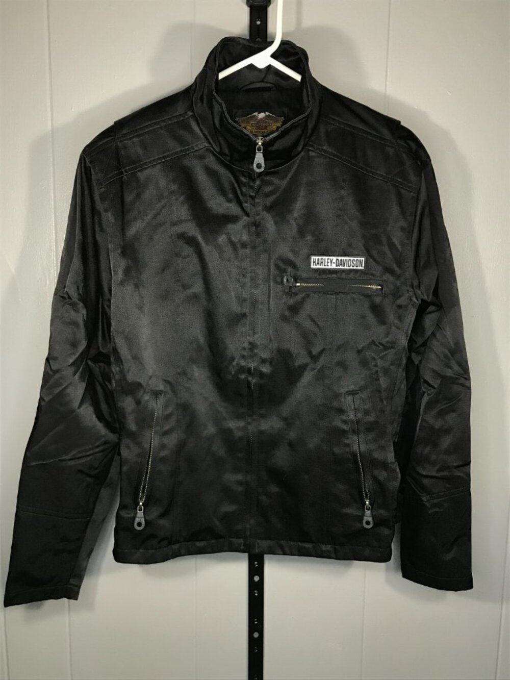 Harley Davidson Black Riding Reflective Jacket Coat Women sz M Nylon Shield Logo - Picture 2 of 8